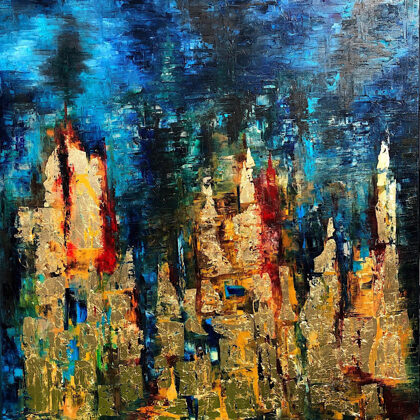 Towers of Babel - 120x100 cm, oil gold canvas