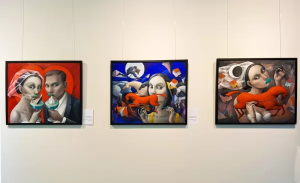 Left: Amor eterno (54x65 cm, oil and acrylic), center: Cabalgata en azul (54x65 cm, oil, 