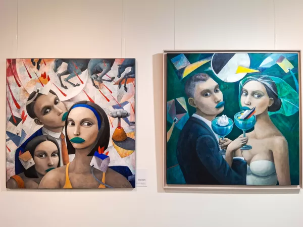 Left: El último selfie II (100x100 cm, oil and acrylic), right: El Brindis (100x100 cm, ol