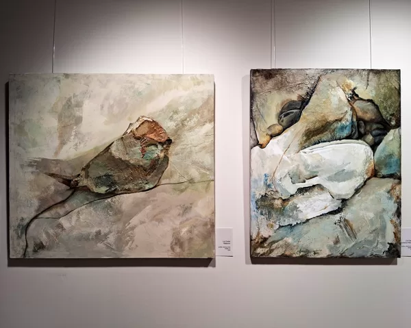 Reflexión (100x80 cm, acrylic, mixed technique) and Geometrical Natural (80x80 cm, acrylic, mix