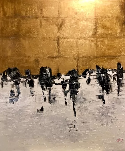 Fecskék - 120x100 cm, olaj és arany vásznon