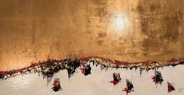 Párducok az Ita-tónál - 80x150 cm, olaj és arany vásznon