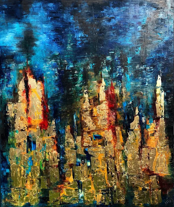 Bábel tornyai - 120x100 cm, olaj és arany vásznon