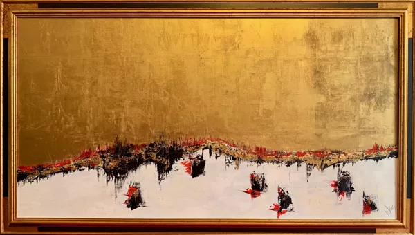 Párducok az Ita-tónál - 80x150 cm, olaj és arany vásznon